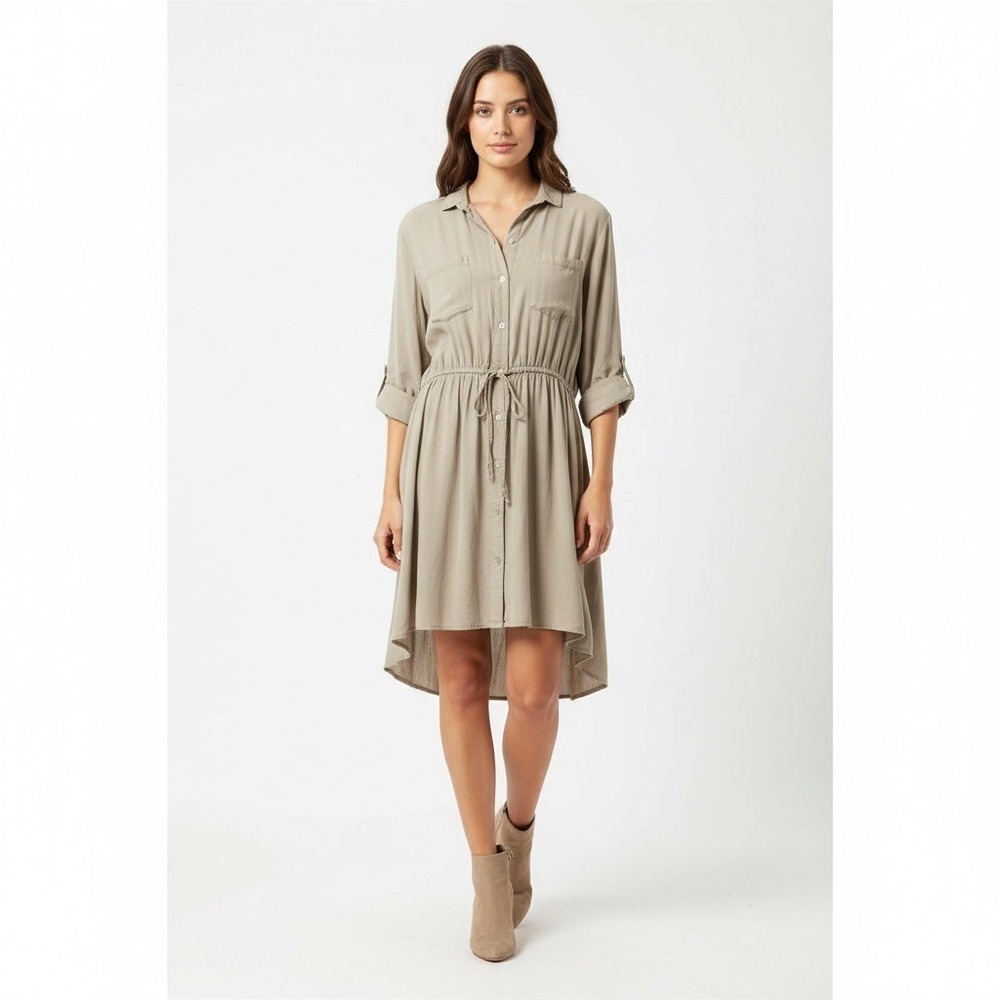 Japna Womens Size XL Shirt Dress Beige Button Front Roll Tab Sleeve High Low